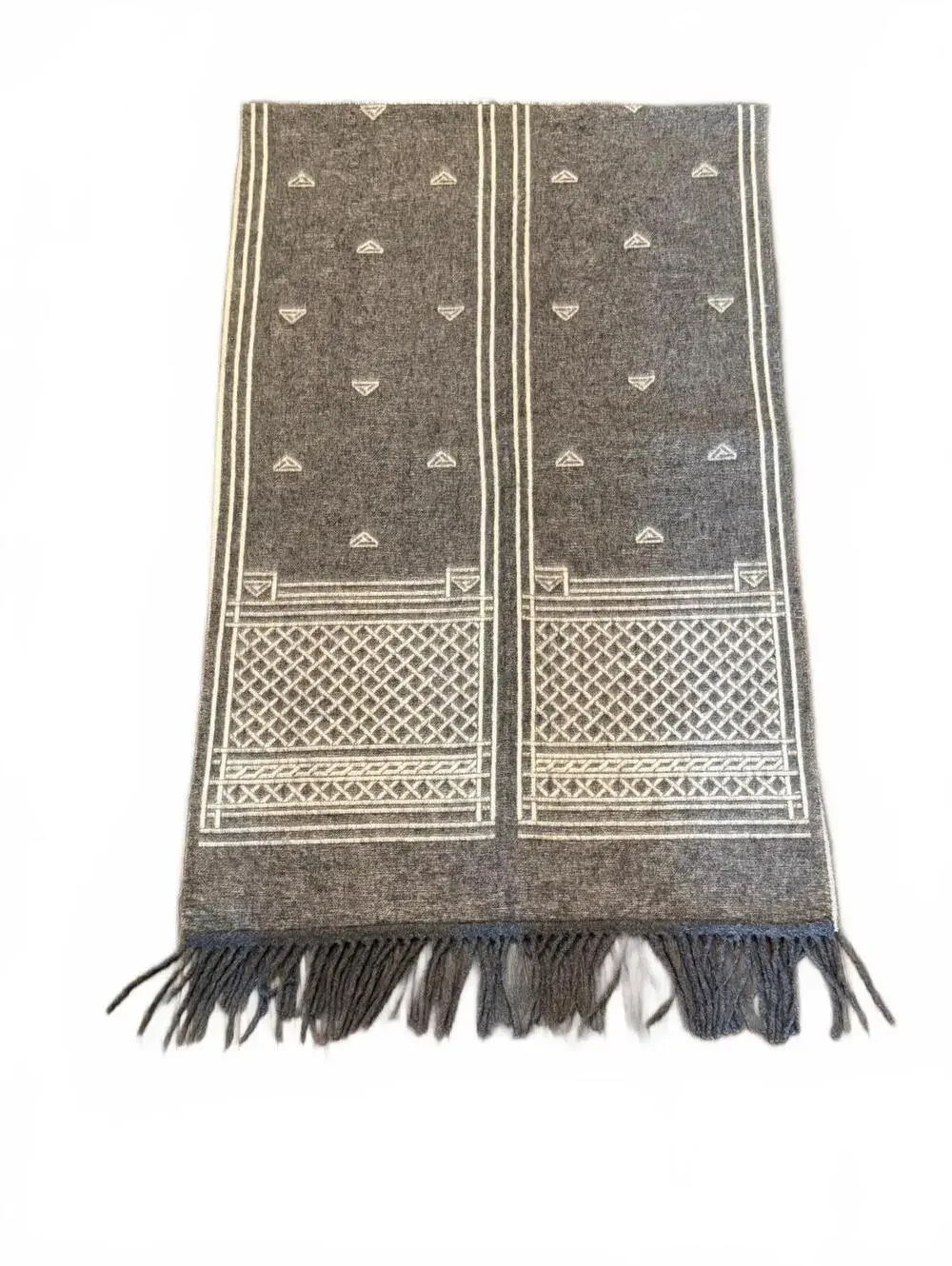 Loro Piana Italy Gray Cashmere Fair Isle Knit Fringe Scarf Geometric Lattice